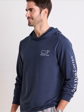 Vineyard Vines Men's Navy Hooded Long-Sleeve Tee with White Logo